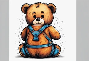 the back of a standing teddy bear wearing overalls tattoo idea