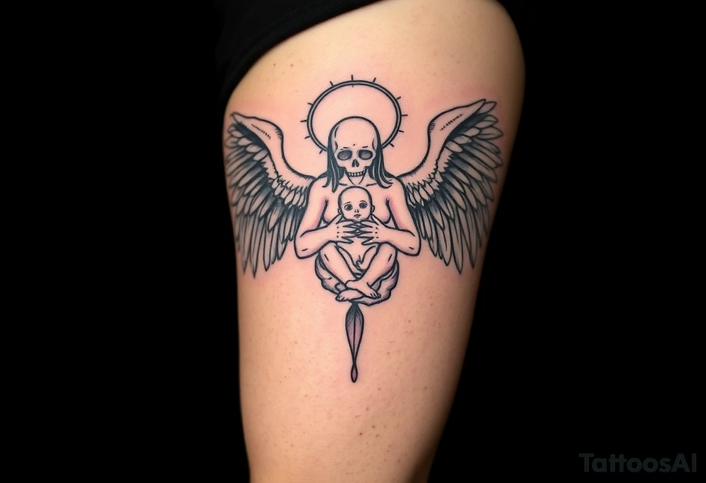 An angel of death with massive black wings, cradling a newborn soul, with a pale white body glowing against a pitch-black background. tattoo idea