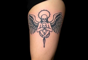 An angel of death with massive black wings, cradling a newborn soul, with a pale white body glowing against a pitch-black background. tattoo idea