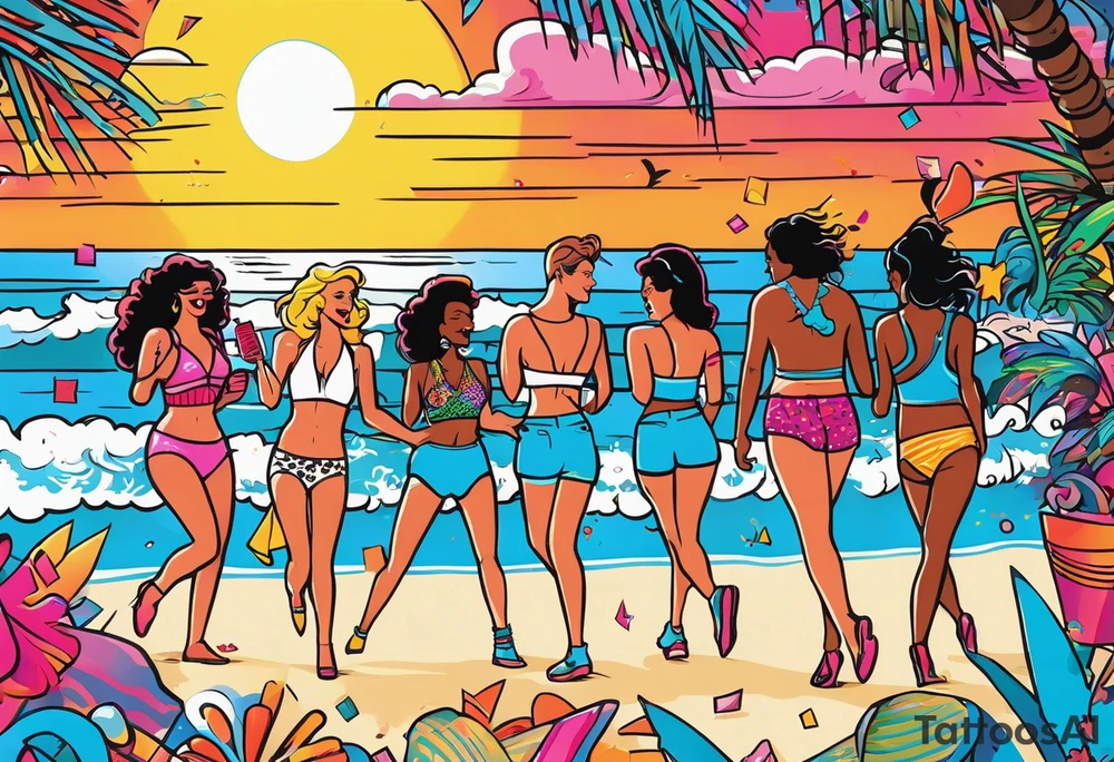 1980's miami vice style beach dance 
party, include confetti, music notes, boom box, bikinis sunset in the center tattoo idea