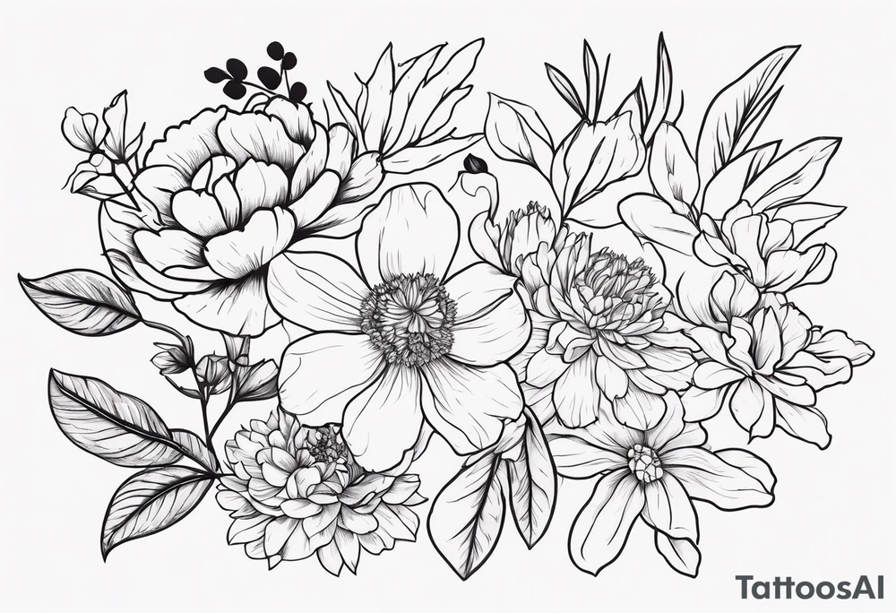 tattoo design with all these flowers peony, carnation, daffodil, daphne, dahlia, desiree, daisy and rose tattoo idea