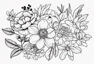tattoo design with all these flowers peony, carnation, daffodil, daphne, dahlia, desiree, daisy and rose tattoo idea