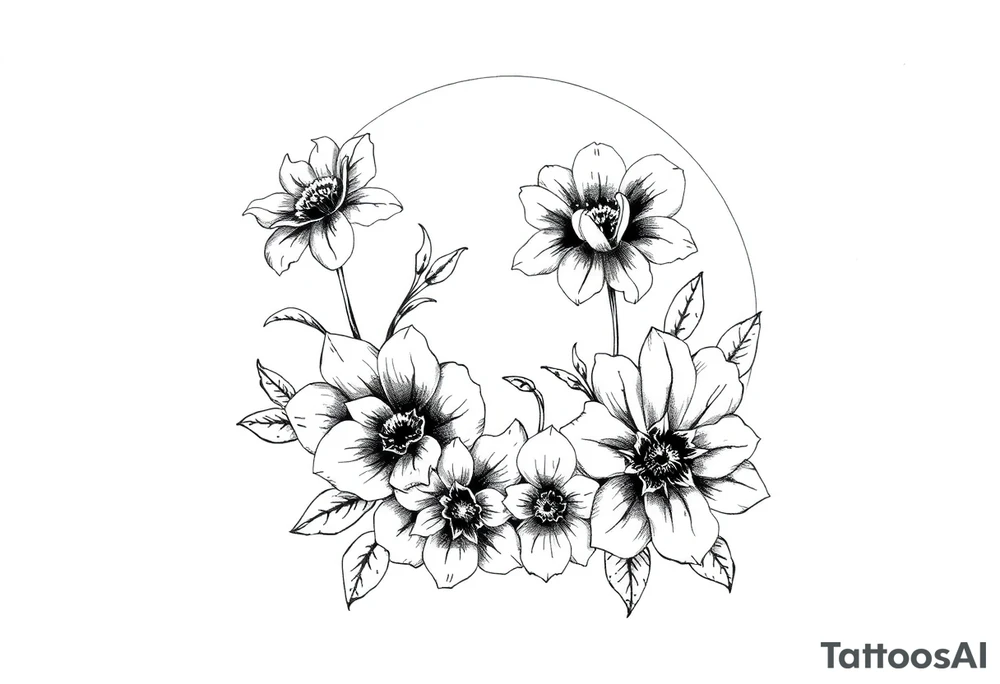 moon-shaped diferent flowers tattoo idea