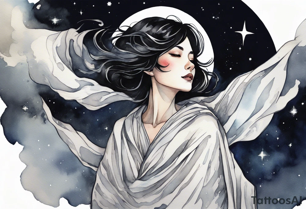 a middle aged woman with black hair with streak of white dressed in a black and silver cloak, floating in the night sky tattoo idea