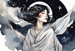a middle aged woman with black hair with streak of white dressed in a black and silver cloak, floating in the night sky tattoo idea