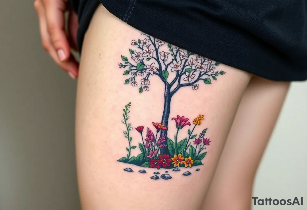 Lilly of the vally plants underneath a blooming hawthorn tree with other colorful plants on ground tattoo idea