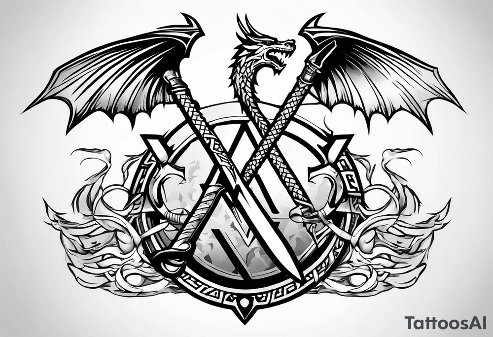 Valhalla sword shield dragon axe Valknut barbed wire chains fire tattoo idea Valhalla sword shield dragon axe Valknut barbed wire chains fire tattoo idea