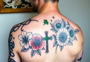 shoulder half sleeve tattoo with black and green celtic knots weaving throughout, bright colorful hibiscus flowers, sunflowers and a celtic cross with green 4 leaf clover tattoo idea