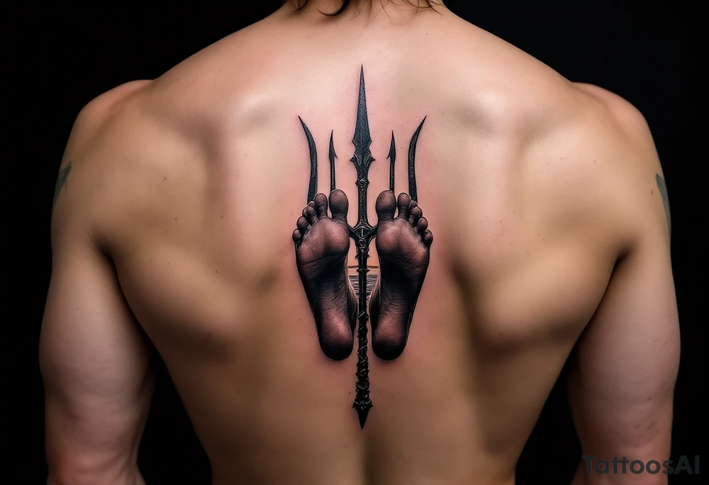 barefeet behind trident with water and sunset tattoo idea