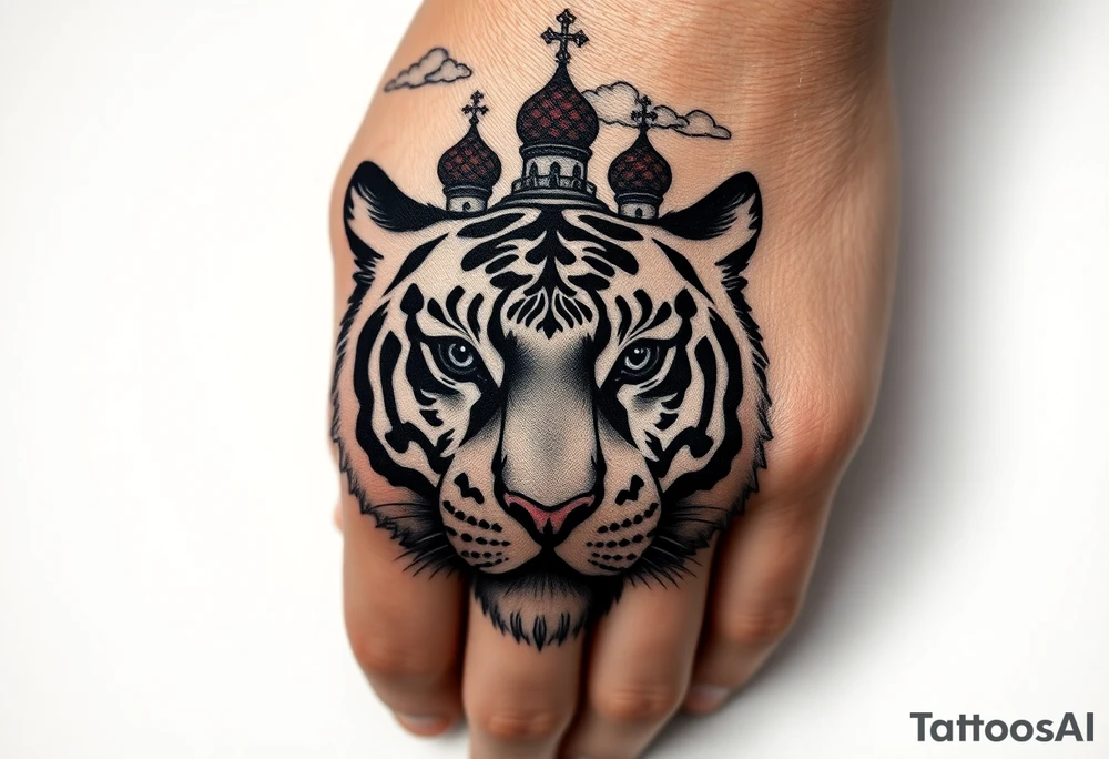 Realistic relic style tiger face on the back of the hand with strong contrast and fine detail with its eyes completely black. with a highly detailed Russian Orthodox cathedral sitting above on fore arm with onion domes and orthodox crosses, done in fine line, engraving-like style. Cohesive composition, black ink only, no color, high contrast, slightly aged, documentary-style, plain light background. with clouds above and a virgin mary 
spanning from my hand to lower fore arm tattoo idea