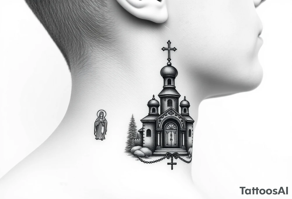 russian design traditional christian orthodox cross with a virgin mary stood beside the entrance of a russian orthodox dome church on the side of the neck in a wilderness setting with the design spread out the side of the neck tattoo idea