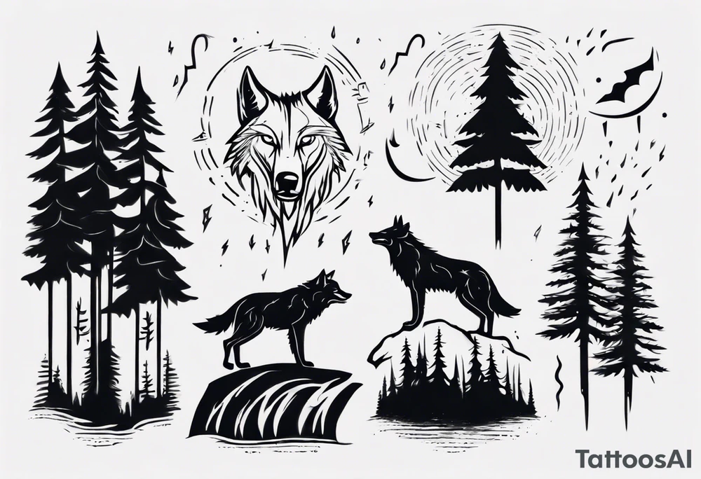 a thunderstorm over a forest and a wolf howling tattoo idea a thunderstorm over a forest and a wolf howling tattoo idea