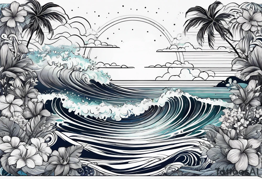sea,, night, flower, palm, tattoo idea
