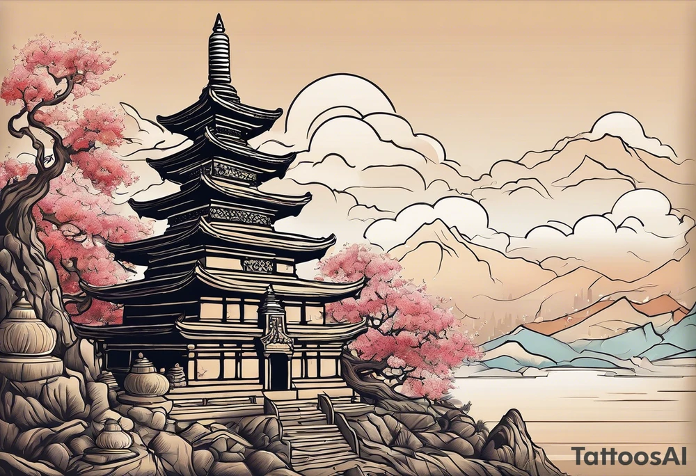 a old world map as the background with a small Buddhist stupa at the bottom for the back of a forearm tattoo idea