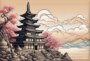 a old world map as the background with a small Buddhist stupa at the bottom for the back of a forearm tattoo idea