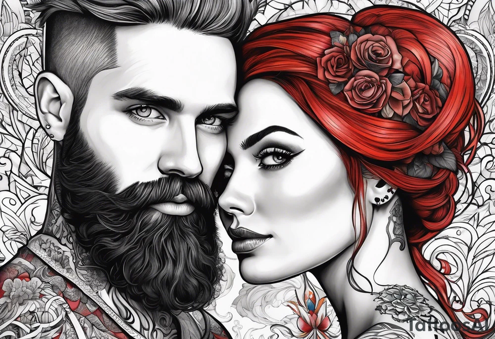 Busty red haired woman with a bearded man who has black hair getting married tattoo idea