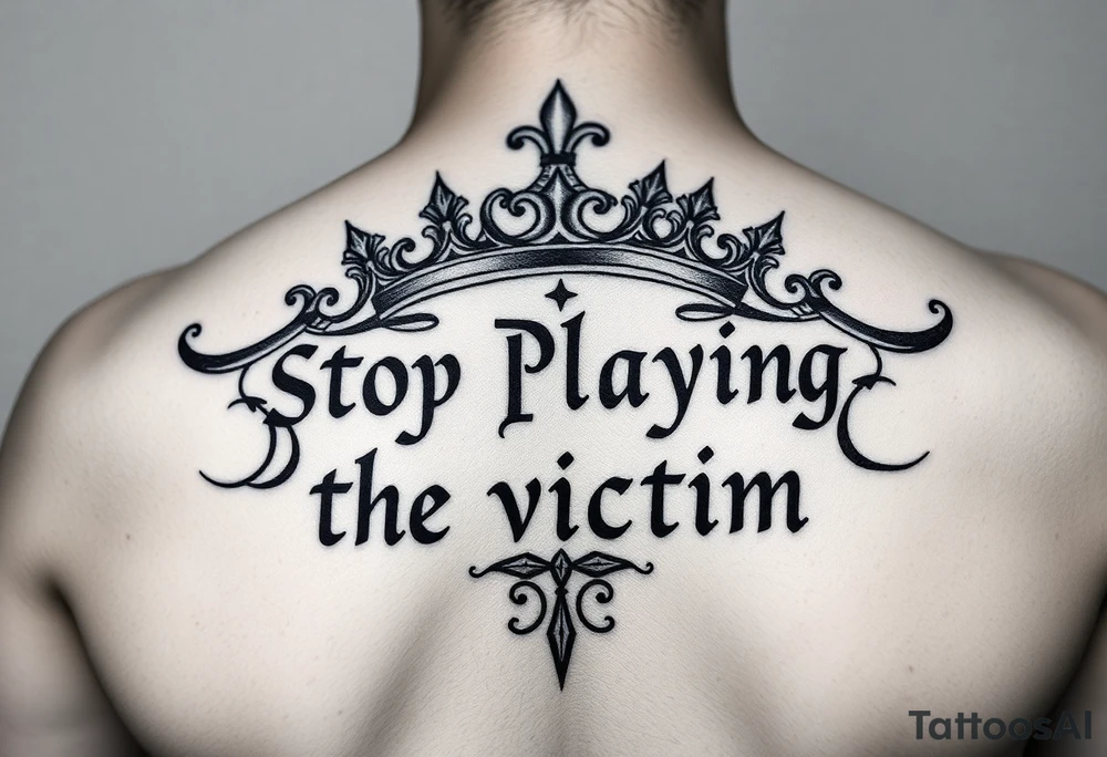 Writer the phrase :"Stop Playing the victim".
Karma style in background.
The words in greek style with some background feature too.
Infinte sign in the middle and allaround roman crown tattoo idea