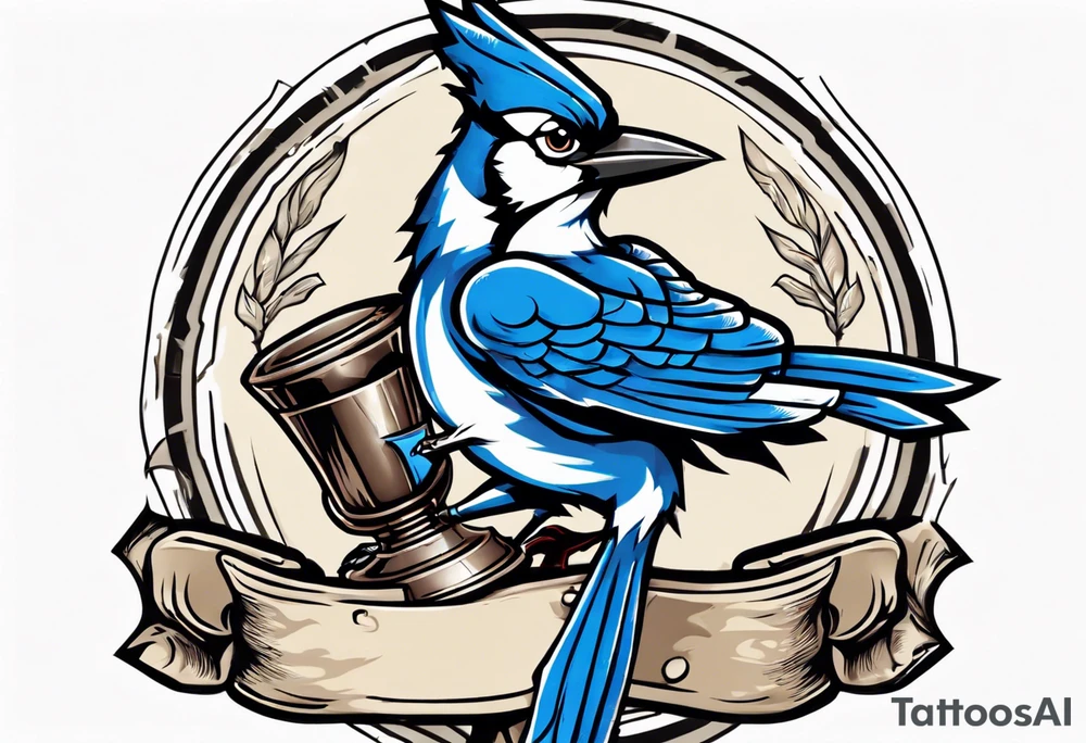 mean looking bluejay holding a trophy tattoo idea