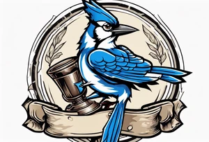 mean looking bluejay holding a trophy tattoo idea