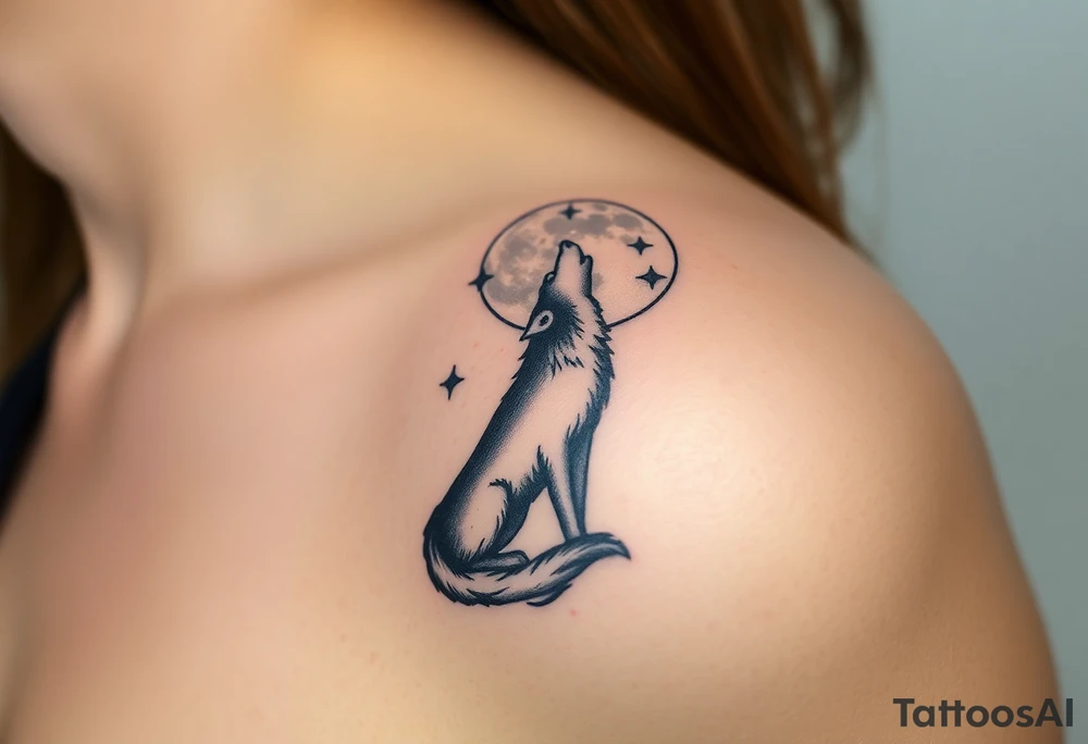 lone wolf howling at full moon with northern lights backdrop tattoo idea