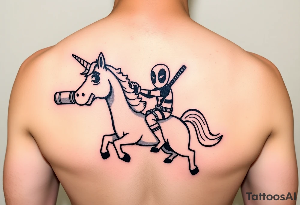 Deadpool riding cartoon unicorn pointing rocket propelled grenade launcher tattoo idea