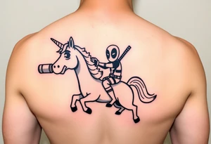 Deadpool riding cartoon unicorn pointing rocket propelled grenade launcher tattoo idea