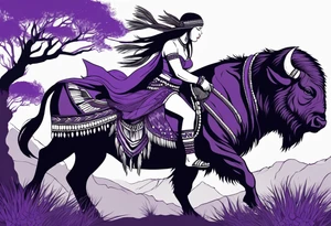 native woman female warrior with quiver on her back. she is wearing bead headband. she is sitting on a purple buffalo, the buffalo is standing up, standing still tattoo idea