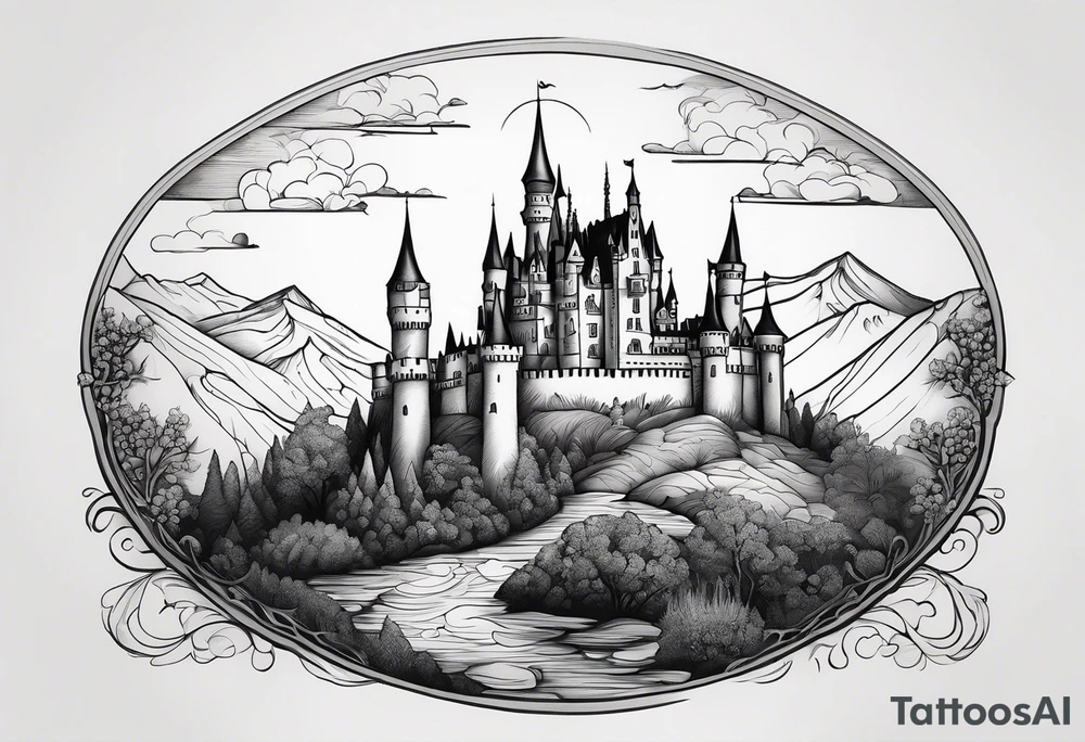 Fairytale castle in landscape, more black, less detailing, engraiving, etching. No shades, no gray, black and white only tattoo idea