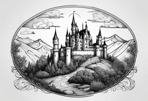 Fairytale castle in landscape, more black, less detailing, engraiving, etching. No shades, no gray, black and white only tattoo idea