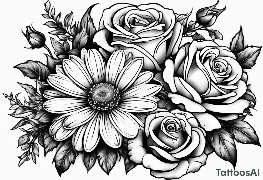Boquet of daisys and roses with a flame surrounding them tattoo idea