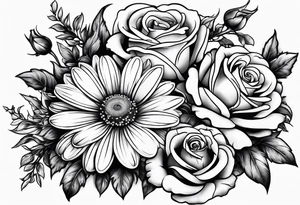 Boquet of daisys and roses with a flame surrounding them tattoo idea