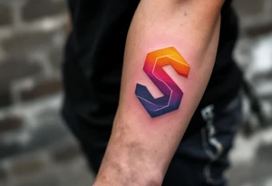 A vibrant sunset-gradient "S" transitioning from orange to pink to deep purple. tattoo idea