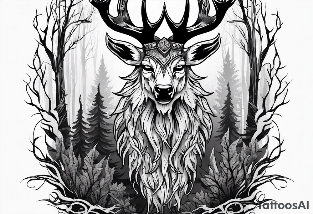 A wendigo with flames in a forest tattoo idea
