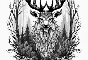 A wendigo with flames in a forest tattoo idea