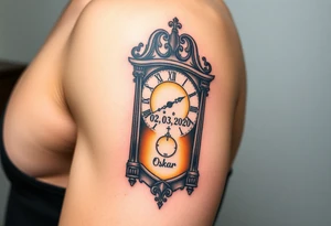 A timeless grandfather clock with delicate engravings, with the birth time and date "02. 03. 2020" and name "Oskar" - glowing in soft golden light, in warm sepia and gold hues tattoo idea