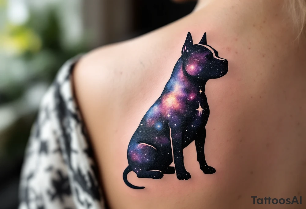 Galaxy Staffbull Silhouette
Silhouette of a sitting Staffbull filled with a galaxy pattern—purple, navy, and starry white dots. Abstract and dreamy. tattoo idea