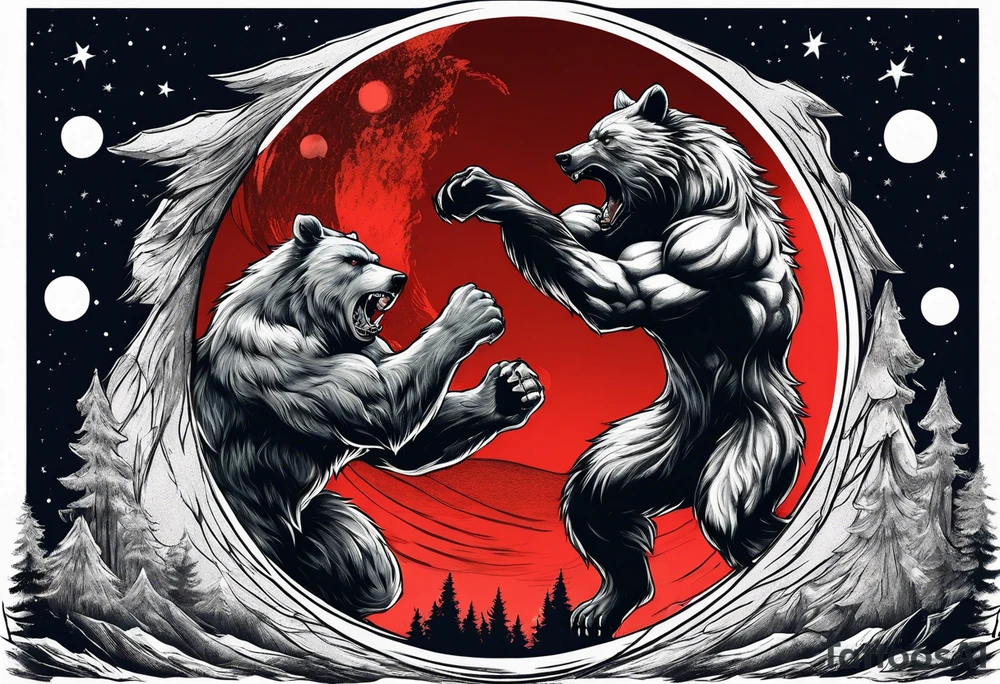Muscular werewolf and muscular bear fighting under a blood moon tattoo idea