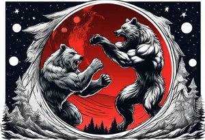 Muscular werewolf and muscular bear fighting under a blood moon tattoo idea