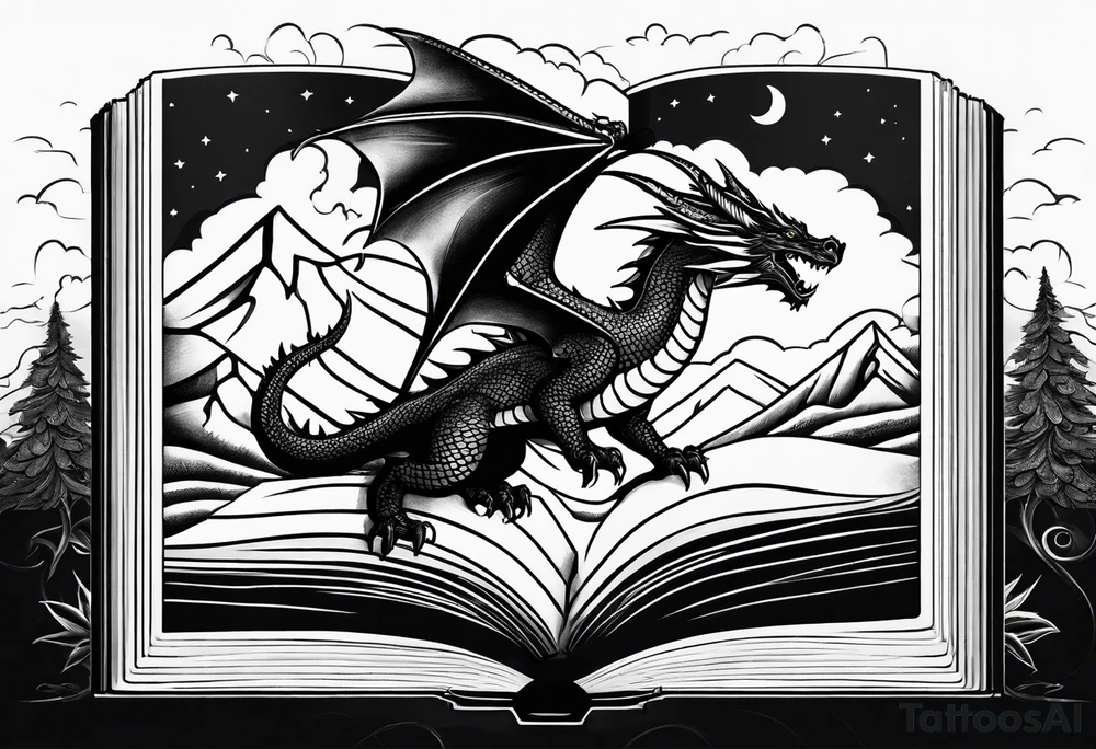 A large open book. a dragon with scales and four legs flying high in the sky. three mountains tattoo idea