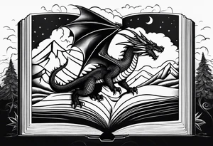 A large open book. a dragon with scales and four legs flying high in the sky. three mountains tattoo idea