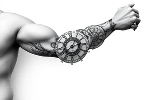 vintage roman numerals within ornate clockwork mechanism sleeve tattoo idea