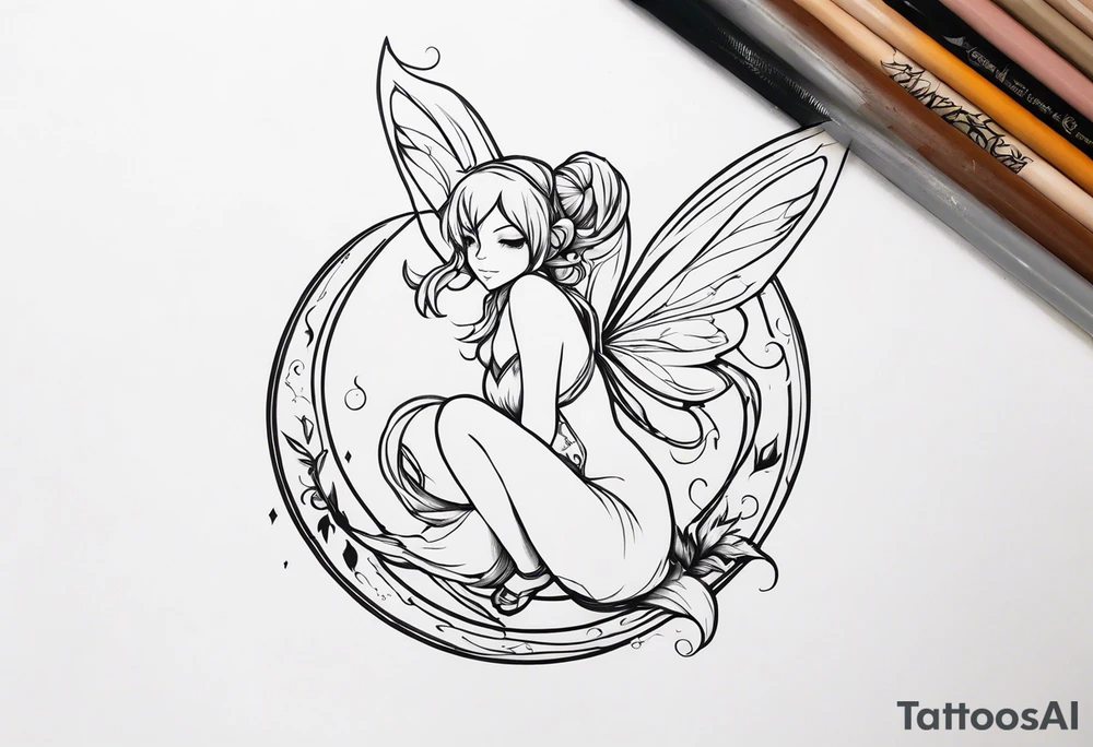 No color sketch of a fairy with a tail inspired by the guild symbol in the anime show called Fairy Tail in a fetal position leaning in and forward while crawled in hugging herself floating tattoo idea