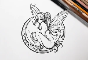 No color sketch of a fairy with a tail inspired by the guild symbol in the anime show called Fairy Tail in a fetal position leaning in and forward while crawled in hugging herself floating tattoo idea