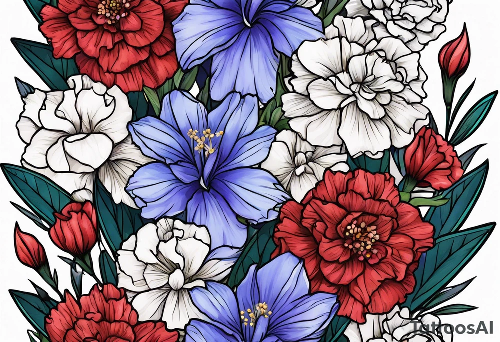 Flowers including larkspur and carnations tattoo idea