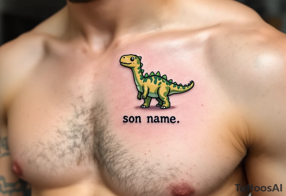A tiny dinosaur in green and grey, with the son’s nickname written in playful bold font beneath. tattoo idea