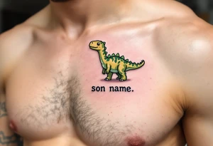 A tiny dinosaur in green and grey, with the son’s nickname written in playful bold font beneath. tattoo idea