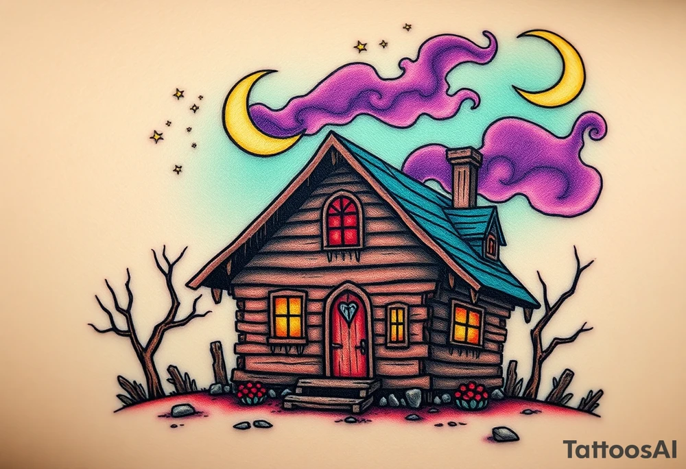 Tim Burton’s haunted pastel wood cabin home is abandoned and dripping with muted reds, dusty pinks, and eerie green glow.purple and cyan smokey clouds swirl in the crescent moonlit sky thats sprinkled with stars tattoo idea tattoo idea