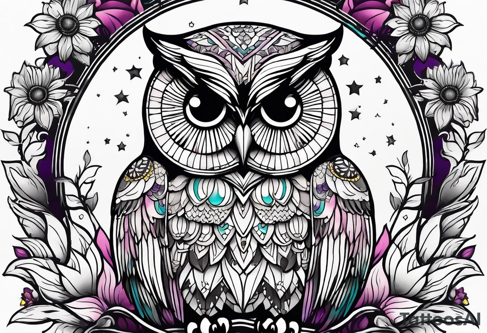 Black and white owl shaded teal, pink and purple surrounded by yellow sunflowers sleeve tattoo idea