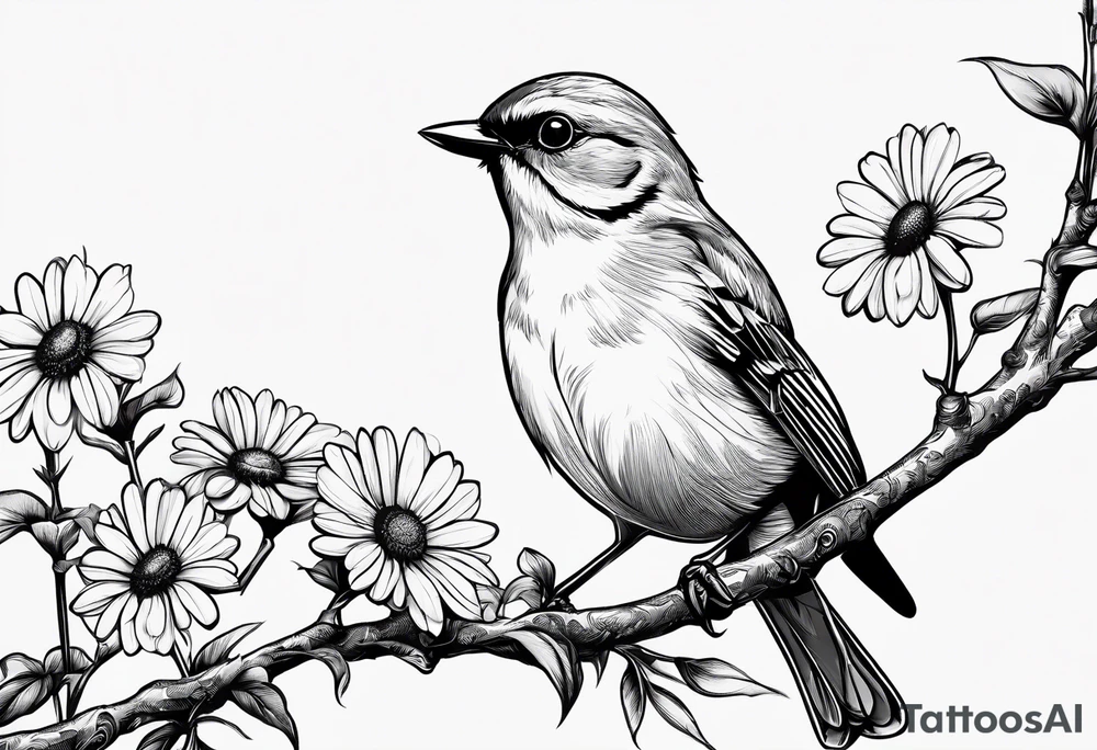 little bird, sitting on a branch holding a daisy tattoo idea