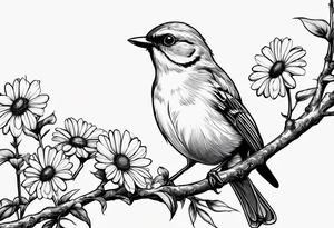 little bird, sitting on a branch holding a daisy tattoo idea